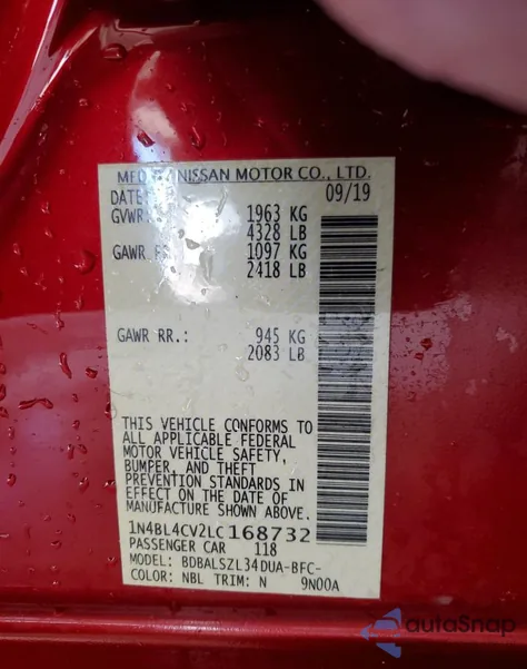 2020 Nissan Altima Sr from USA, damaged, VIN 1N4BL4CV2LC168732